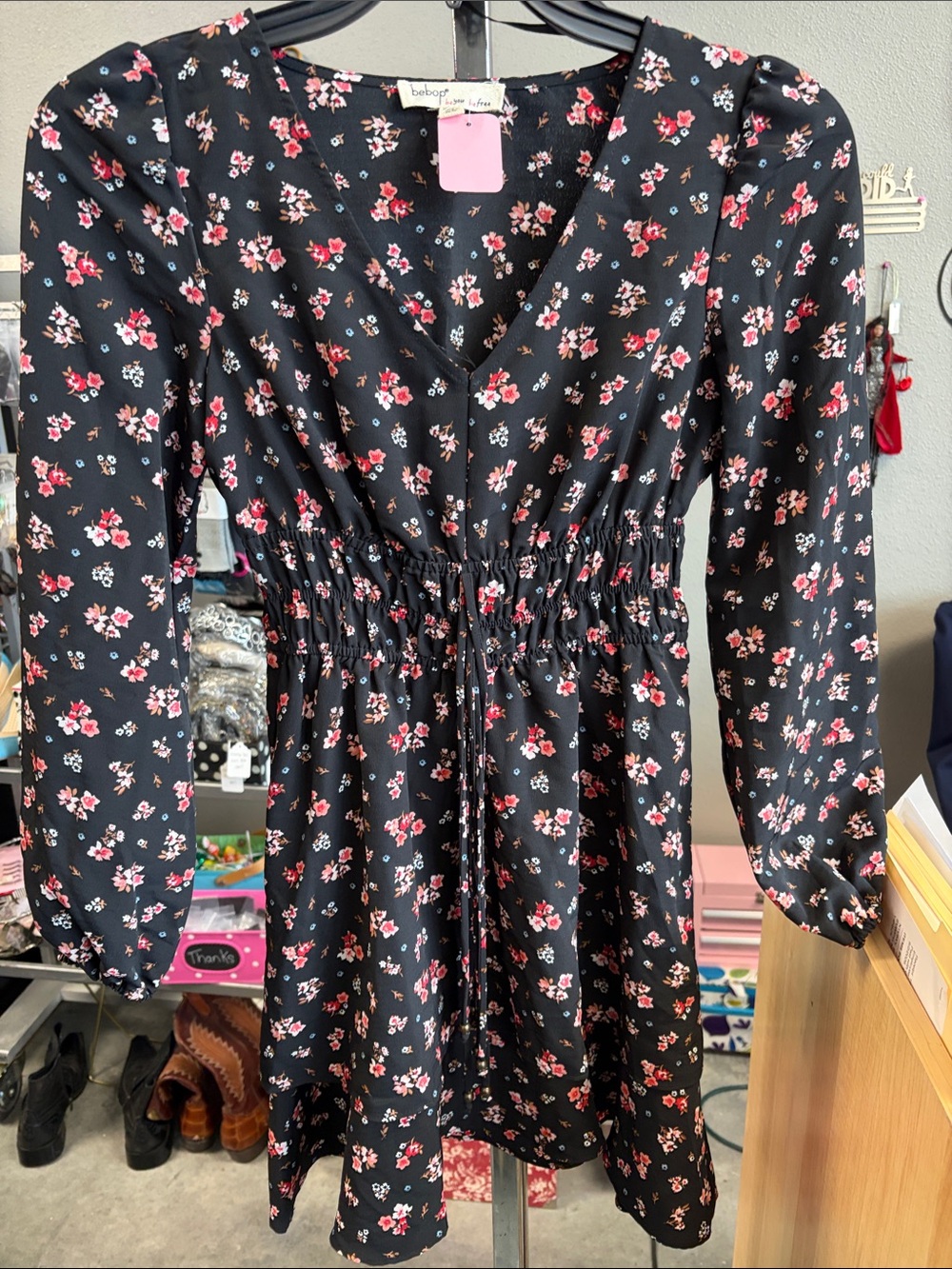 BeBop Black Floral Drawstring Waist Mini Dress V4NHQ7
